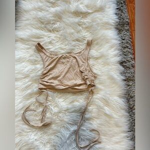 Beige Ruched Tie-Side Crop Top